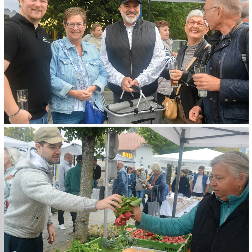 Eine Collage aus zwei Bildern. Das obere Bild zeigt eine Gruppe von Menschen, die unter einem Zelt stehen, lächeln und Getränke in der Hand halten. Das untere Bild zeigt einen Mann, der einer Frau auf einem Markt Gemüse übergibt.