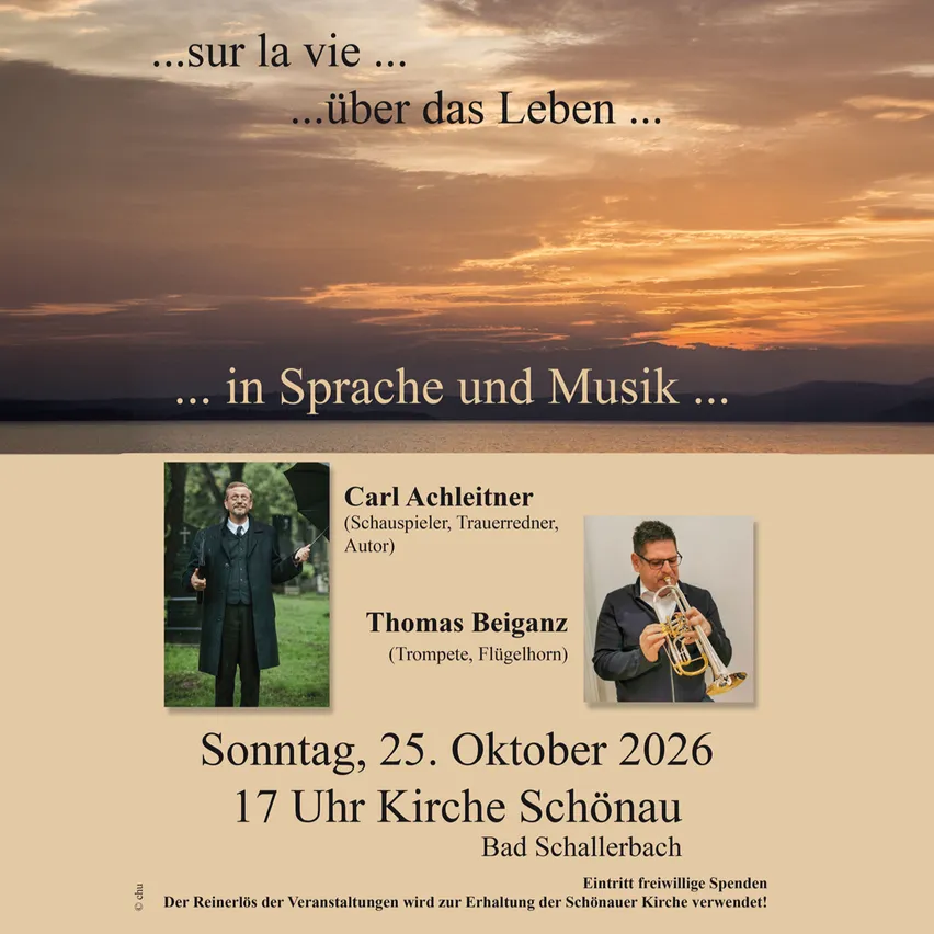 Ein Plakat für eine musikalische Veranstaltung mit einem Mann in einem schwarzen Anzug, der einen Regenschirm hält, und einem anderen Mann, der eine Trompete spielt.