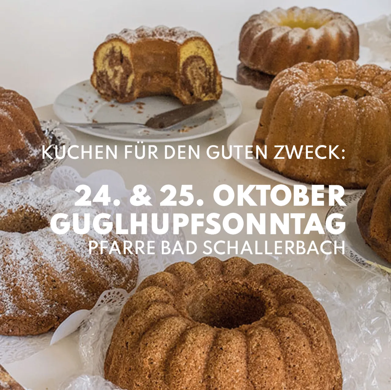 Ein Tisch voller verschiedener Kuchen, darunter ein Schokoladen-Swirlkake, ein Vanillekuchen und ein Glasurkuchen, mit dem Text 'Kuchen für den guten Zweck: 24. & 25. Oktober Guglhupfsonntag'