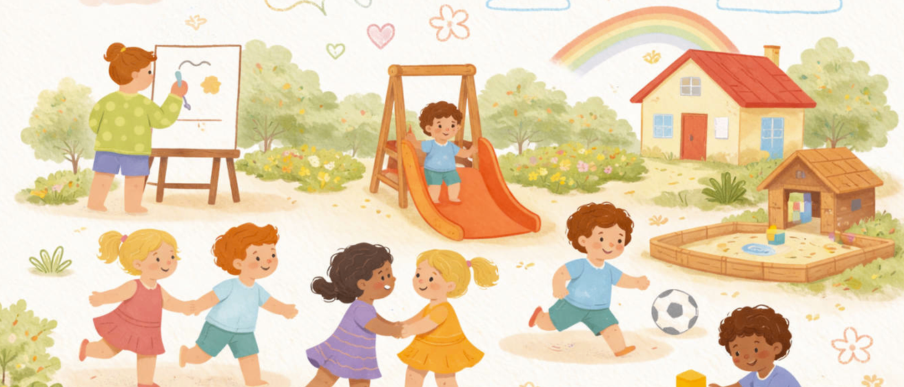 Kinder spielen auf einem Spielplatz mit Rutsche, Fußball und Spielzeug. Eine Lehrerin malt auf eine Tafel. Ein Haus und ein Regenbogen sind im Hintergrund.