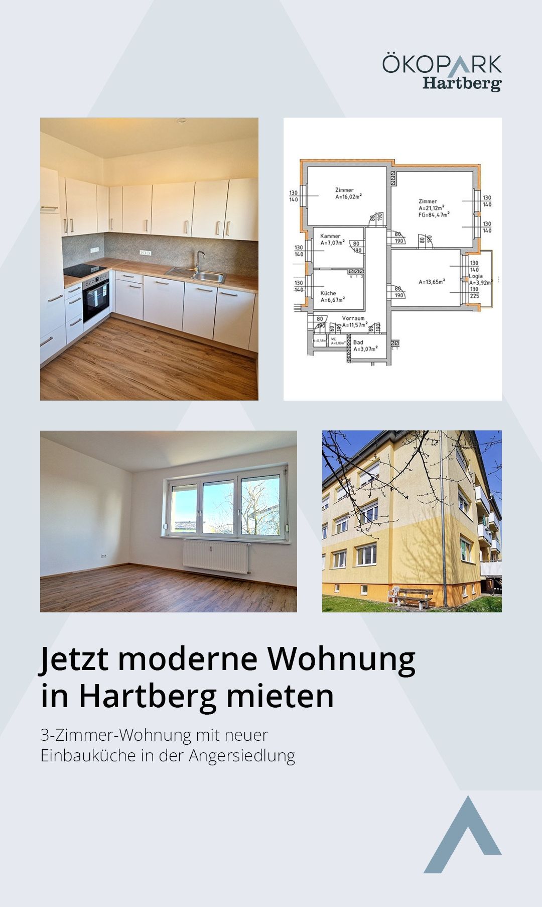 Images of a modern apartment with kitchen, living room, floor plan, and exterior of a yellow building. The text reads 'Now rent a modern apartment in Hartberg.'