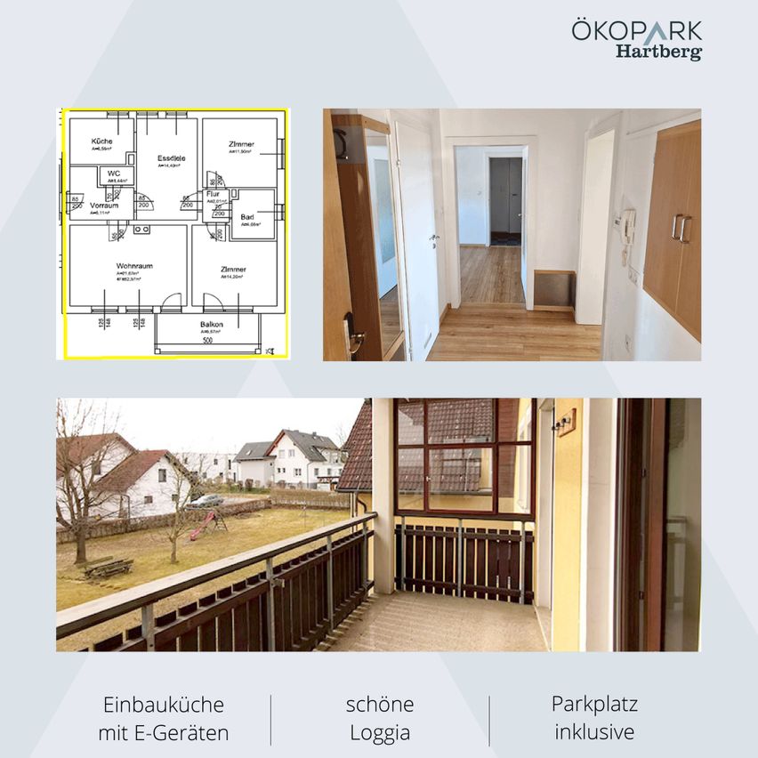 Eine Collage von Bildern, die einen Grundriss, ein Interieur, ein Exterieur und einen Balkon eines Hauses zeigt. Der Grundriss zeigt Räume mit den Bezeichnungen 'Kuche', 'Essdatele', 'WC', 'Vorraum', 'Bad' und 'Wohnraum'. Das Interieur zeigt einen Flur und einen Raum. Das Exterieur zeigt ein Haus mit einem Balkon. Der Balkon zeigt eine Ansicht des Hauses und eines Gartens.