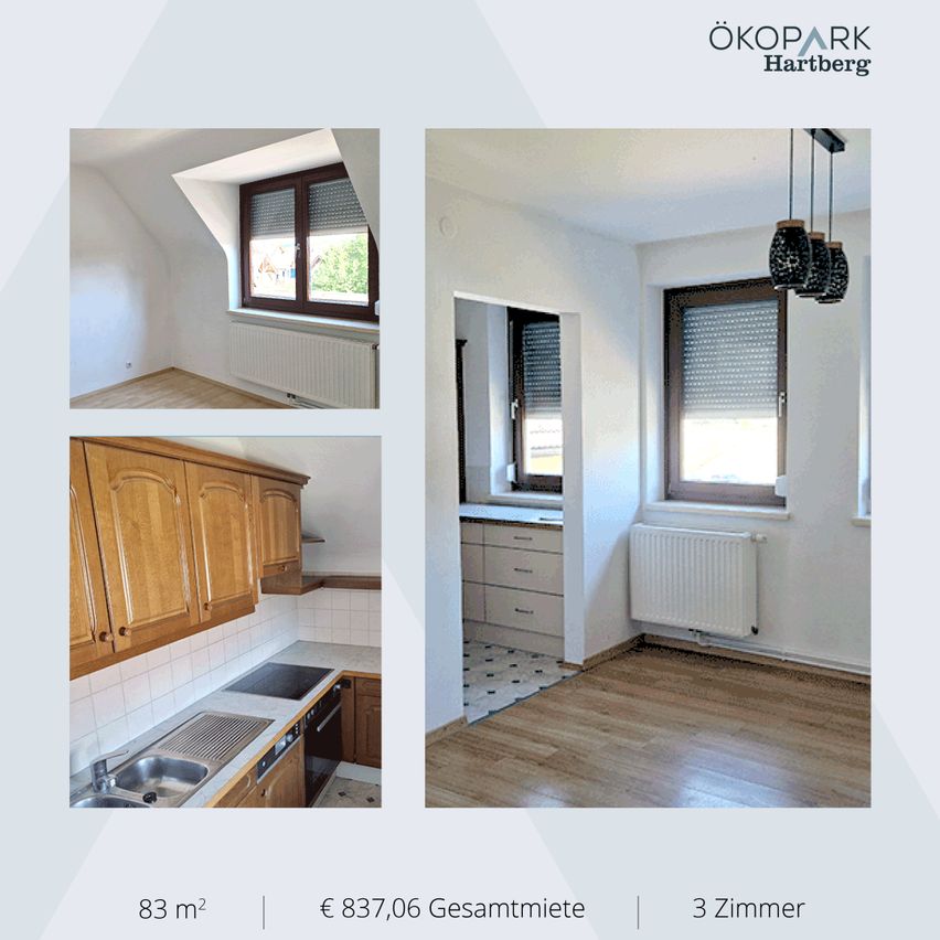 Drei Bilder einer leeren Wohnung mit Holzböden, weißen Wänden und modernen Küchen- und Badezimmereinrichtungen. Das oberste Bild zeigt ein Dachzimmer mit Fenster.