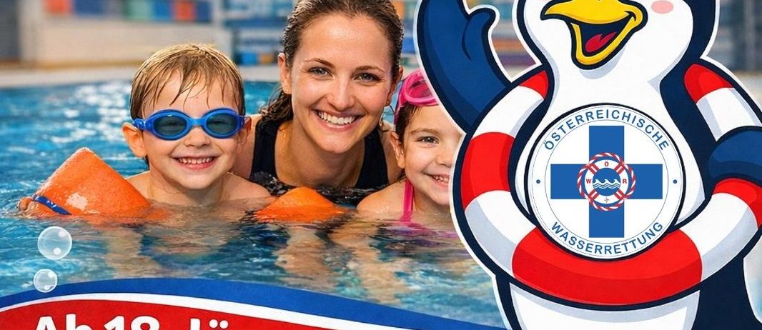 Eine Werbung für ein Schwimmprogramm für Kinder ab dem 21. März in Kalsdorf. Es zeigt eine lächelnde Frau und zwei Kinder in Schwimmbrillen und Schwimmwesten. Ein Pinguin-Maskottchen hält einen Schwimmring, zusammen mit einem QR-Code für die Anmeldung.