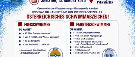 Plakat für Schwimmabzeichen-Veranstaltung am 15. August 2026 in Schwarzlsee-Premstätten. Es zeigt einen Jungen, der schwimmt, und ein Mädchen, das taucht, mit Text über Schwimmfähigkeiten und einen Treffpunkt um 13 Uhr an der Strandbar.