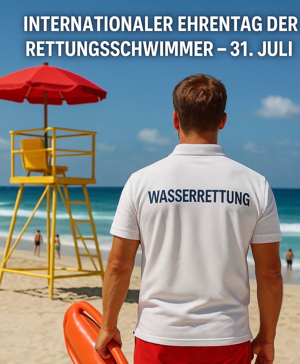 Ein Rettungsschwimmer steht am Strand mit einem orangefarbenen Rettungsring, trägt ein weißes Poloshirt mit dem Wort Wasserrettung. Ein Rettungsturm mit einem roten Schirm ist in der Nähe.