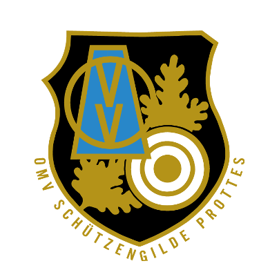 Ein Schild mit einem blauen Dreieck und einem weißen Kreis in der Mitte, umgeben von einem goldenen Rand. Das Schild ist mit 'OMV SCHUTZENGILDE PROTES' beschriftet.