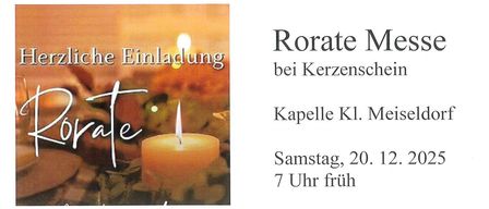 Eine Kerze brennt in einer dunklen Kapelle. Das Bild zeigt 'Rorate Messliche Einladung bei Kerzenschein'. Es ist eine Einladung zur Rorate-Messe bei Kerzenschein, geplant für Samstag, den 20. Dezember, um 7 Uhr morgens.