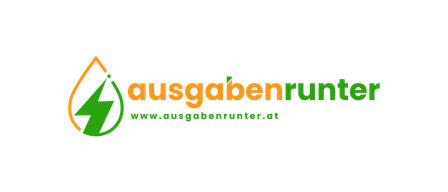 Ein grüner Blitz bildet einen Kreis mit einer Website-Adresse darunter, die 'www.ausgabenrunter.at' lautet, auf schwarzem Hintergrund.