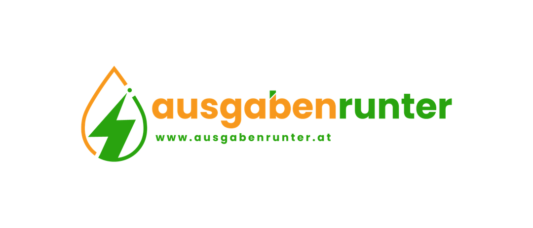 Ein grüner Blitz bildet einen Kreis mit einer Website-Adresse darunter, die 'www.ausgabenrunter.at' lautet, auf schwarzem Hintergrund.