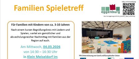 Ein Familien-Spieltreff für Kinder im Alter von 3-10 Jahren mit Liedern, Spielen und einem gemütlichen Nachmittag mit Familien aus der Region. Der Termin ist Mittwoch, 04.03.2026, von 14:30 bis 16:30 Uhr im Veranstaltungszentrum von Klein Meiseldorf. Mit Unterstützung von Land und Europäischer Union.