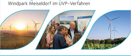 An invitation to the wind farm consultation event in Meiseldorf, featuring wind turbines, a group of people, and informational graphics. The event is scheduled for Thursday at 3 PM at the town hall.
