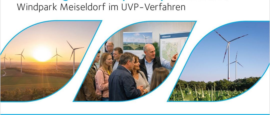 Einladung zur Windpark-Konsultationsveranstaltung in Meiseldorf mit Windturbinen, einer Gruppe von Menschen und Infografiken. Die Veranstaltung ist am Donnerstag um 15:00 Uhr im Rathaus geplant.