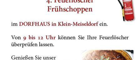 Ein Werbeplakat für die Freiwillige Feuerwehr Klein-Meiseldorf, das die Öffentlichkeit einlädt, ihre Feuerlöscher am 6. September 2026 zu überprüfen, mit Angeboten für Speisen und Getränke.
