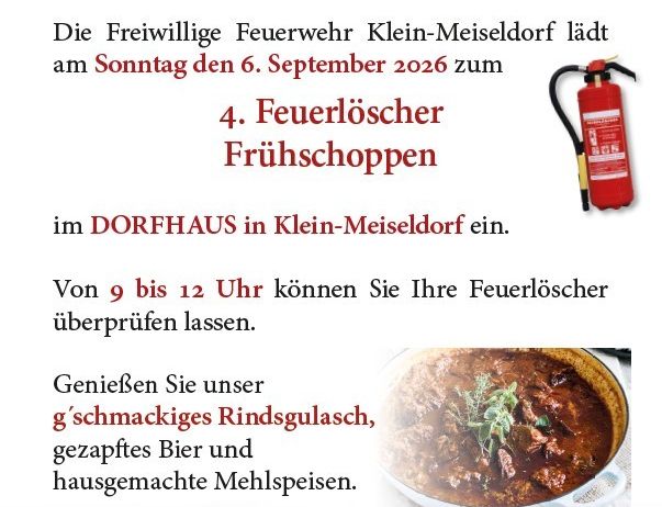 Ein Werbeplakat für die Freiwillige Feuerwehr Klein-Meiseldorf, das die Öffentlichkeit einlädt, ihre Feuerlöscher am 6. September 2026 zu überprüfen, mit Angeboten für Speisen und Getränke.