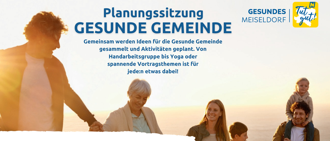 Eine Gruppe von Menschen trifft sich zu einer Planungssitzung über eine gesunde Gemeinschaft. Das Event ist für Montag, den 29. September um 18:30 Uhr in Klein Meiseldorf geplant.
