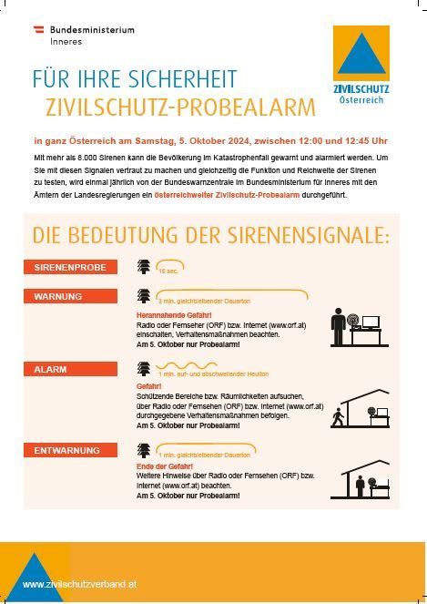 Österreichischer Zivilschutz-Probealarm am 5. Oktober 2024 zwischen 12:00 und 12:45 Uhr. Der Test prüft über 8.000 Sirenen, um sicherzustellen, dass sie für Notfallwarnungen bereit sind. Die Sirenensignale umfassen einen 15-Sekunden-Test, eine 3-minütige Warnung, eine 1-minütige Alarmierung und eine 1-minütige Endwarnung.