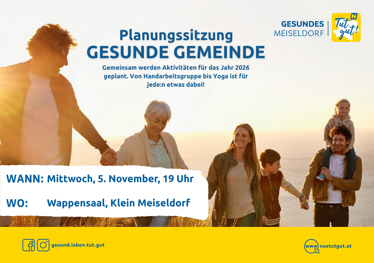Das Bild zeigt ein Plakat für eine Planungssitzung in Meiseldorf. Es zeigt eine lächelnde Familie und hebt Aktivitäten für das Jahr 2026 hervor, darunter Handarbeitsgruppen und Yoga. Die Veranstaltung findet am Mittwoch, 5. November, um 19 Uhr in der Kapelle, Klein Meiseldorf, statt.