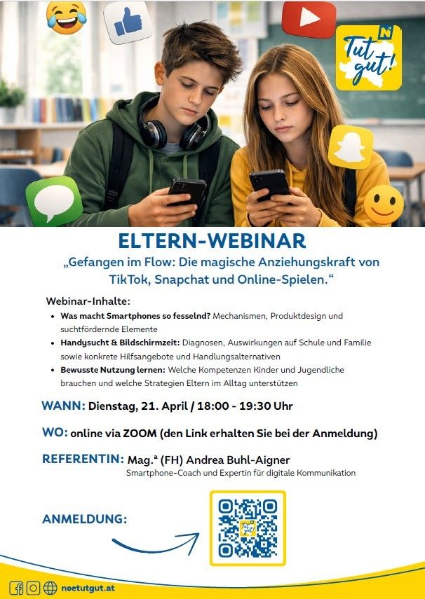 Werbeplakat für ein Eltern-Webinar über die magische Anziehungskraft von TikTok, Snapchat und Online-Spielen. Details umfassen Datum, Uhrzeit, Online-Ort und den Namen der Expertin.