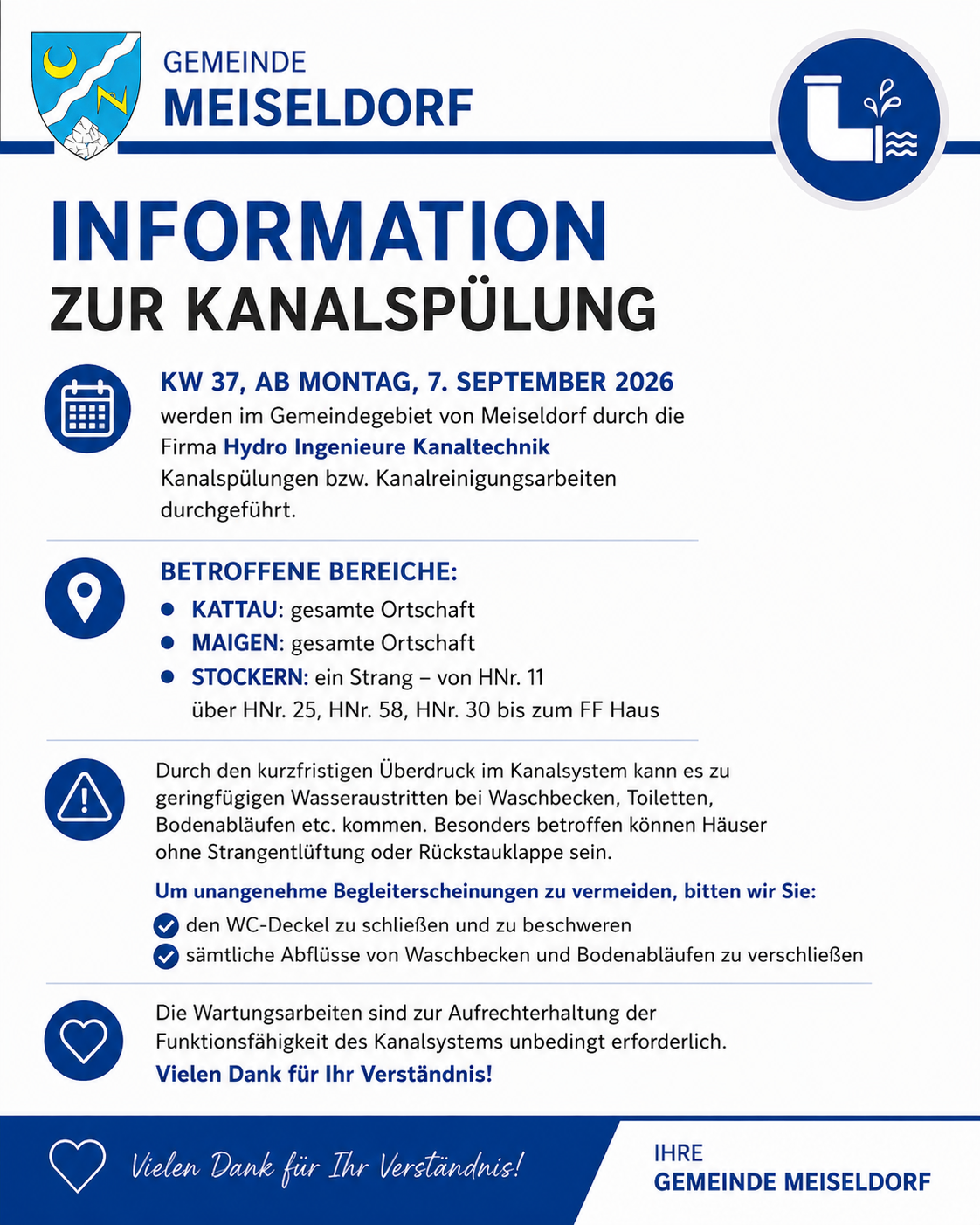 Information zur Kanalspülung in Meiseldorf, geplant für den 7. September 2026, durchgeführt von Hydro Ingenieure Kanaltechnik. Betroffene Bereiche sind Kattau, Maigen und Stockern. Anweisungen zur Vermeidung von Wasserschäden werden gegeben.