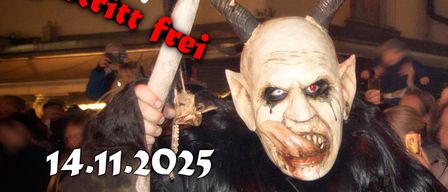 Poster for a Halloween event on November 14, 2025, at 19:00. A costumed person with horns and a scary mask holds a staff. The crowd is blurry.