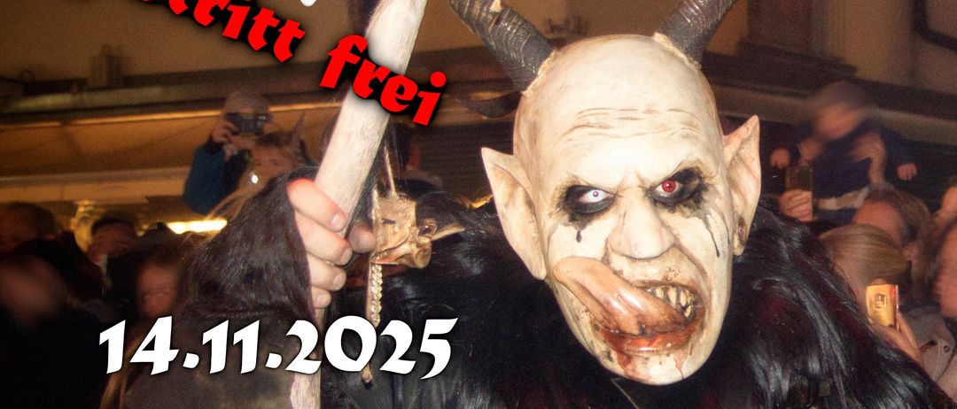 Poster for a Halloween event on November 14, 2025, at 19:00. A costumed person with horns and a scary mask holds a staff. The crowd is blurry.