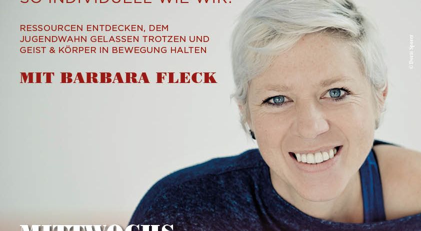 Ein lächelnder Frau, Barbara Fleck, ist auf einem Plakat für eine Vortragsreihe abgebildet. Die Reihe ist für Menschen ab 60 Jahren mit dem Titel 'Lebensfreude im Alter'. Die Termine und Zeiten sind aufgelistet als Mittwoche, 4., 25. März und 8. April 2026, Beginn um 18 Uhr.