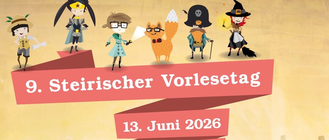 Plakat für den 9. steirischen Vorlesetag, 13. Juni 2026 um 10 Uhr bei Morawa Buchhandlung. Zeigt eine bücherliebende Maus in einem Anzug.