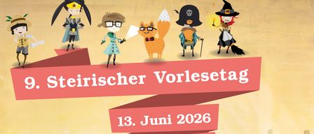 Plakat für den 9. steirischen Vorlesetag, 13. Juni 2026 um 10 Uhr bei Morawa Buchhandlung. Zeigt eine bücherliebende Maus in einem Anzug.