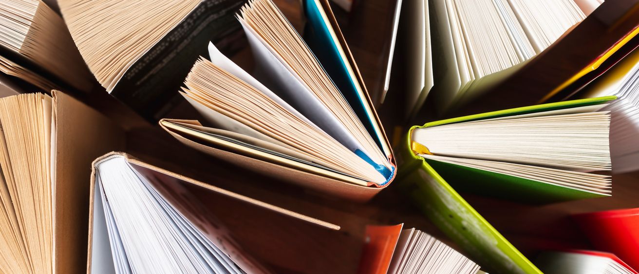 Eine Sammlung offener Bücher mit nach oben gerichteten Seiten auf einer Holzoberfläche, die verschiedene Farben und Einbände zeigt.