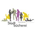 Ein Logo für Bruck an der Mur Stadt Bucherei, das Silhouetten von Menschen zeigt, die lesen, sitzen und liegen, mit dem Text Stadt Bucherei prominent angezeigt.