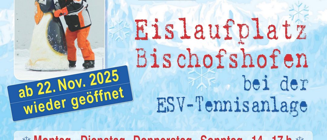 Eine Werbung für eine Eislaufveranstaltung bei ESV-Tennisanlage, die am 2. November 2025 öffnet, mit einem Kind in Winterkleidung.