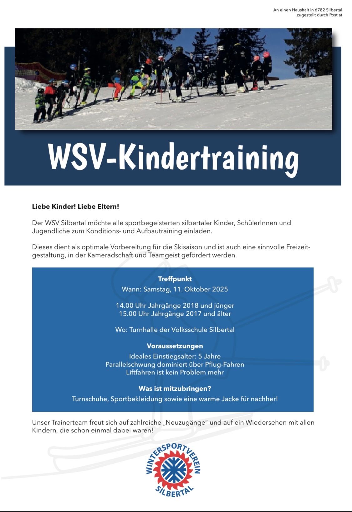 Ein Werbeplakat für WSV-Kindertraining, ein Trainingsprogramm für Kinder und Jugendliche in Silbertal. Es findet am Samstag, 11. Oktober 2025 statt. Das Programm beginnt um 14:00 Uhr für Kinder, die 2018 und jünger geboren wurden, und um 15:00 Uhr für Kinder, die 2017 und älter sind. Das Training ist kostenlos und für alle Fähigkeitsstufen geeignet.