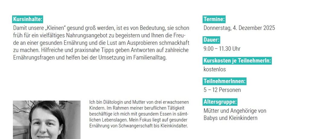 Ein Flyer für einen Kurs mit dem Titel 'Gesundes Wachstum von ein- bis dreijährigen Kindern' mit einem Foto einer Frau, einem Datum vom 1. Dezember 2025 und Details zu gesunden Essgewohnheiten und der Bedeutung der Ernährungserziehung.