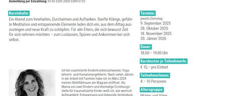Ein Flyer für einen Familientag mit beruhigenden Klängen, Inhalten und Entspannung. Termine an bestimmten Daten zu einer bestimmten Zeit. Die Kosten und Teilnehmerzahl sind vermerkt. Ein Bild einer lächelnden Frau ist enthalten.
