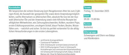 Eine Anzeige für Aromatherapie für Babys und Kleinkinder mit einer Frau und Kontaktdaten. Die Veranstaltung ist kostenlos und bietet Anleitung zu sicheren ätherischen Ölen.