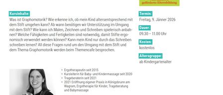 Plakat mit dem Titel 'Motorik' und der Frage 'Hat dein Kind den Stift im Griff?' Details zu einer Elternbildungsveranstaltung, Datum, Uhrzeit und Ort. Eintritt frei. Für Kinder im Kindergartenalter.