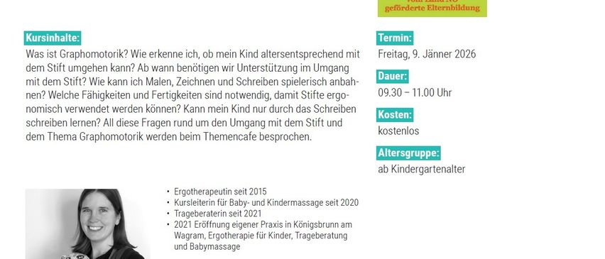Plakat mit dem Titel 'Motorik' und der Frage 'Hat dein Kind den Stift im Griff?' Details zu einer Elternbildungsveranstaltung, Datum, Uhrzeit und Ort. Eintritt frei. Für Kinder im Kindergartenalter.