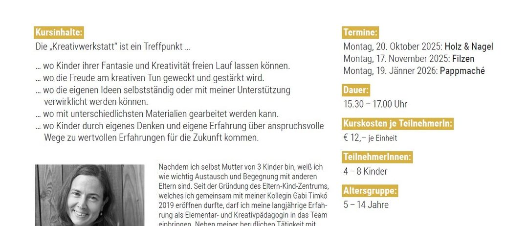 Das Bild zeigt eine Werbung für einen Workshop, der Termine, Dauer und Kosten hervorhebt. Die Workshops sind für den 20. Oktober 2025, 17. November 2025 und 19. Januar 2026 angesetzt. Jede Sitzung läuft von 15:30 bis 17:00 Uhr. Die Kosten pro Teilnehmer betragen 12 €.