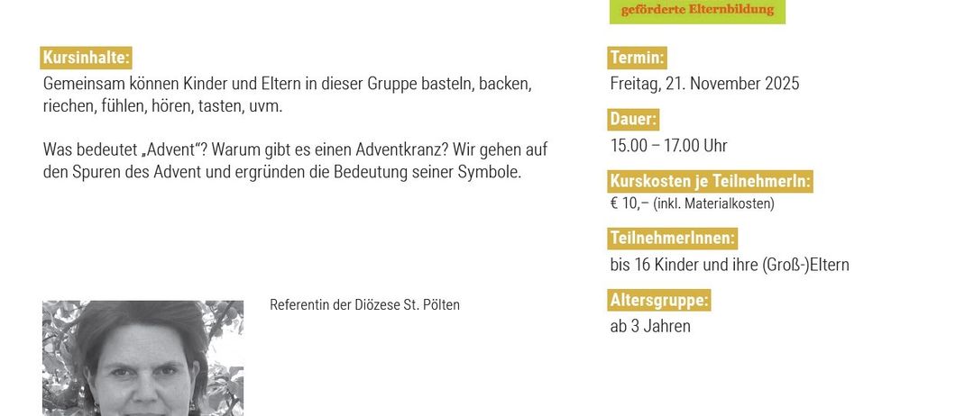 Plakat für eine Advent-Veranstaltung mit einer Frau, Termin für Freitag, 21. November 2025. Beinhaltet Aktivitätsdetails, Kosten und Altersgruppe. Kontaktinformationen angegeben.