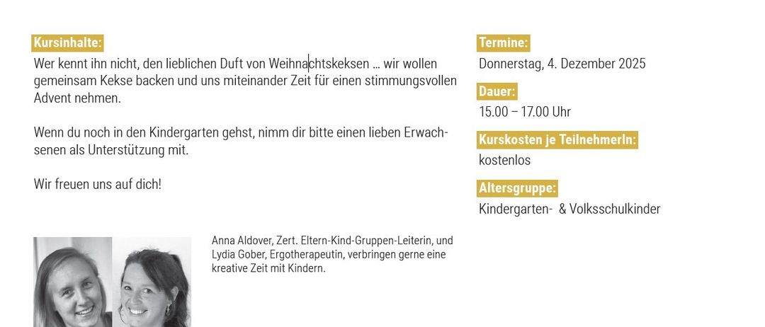 Eine Anzeige für ein Weihnachtskekse-Backen-Event. Es findet am 4. Dezember 2025 von 15:00 bis 17:00 Uhr statt. Die Teilnahme ist kostenlos. Es richtet sich an Kinder aus dem Kindergarten und der Volksschule.