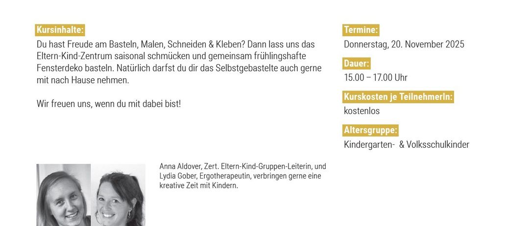Plakat für eine Frühlingsbastelveranstaltung. Eine Woche vor dem Termin, Kontakt per SMS oder E-Mail. Datum: Donnerstag, 20. November. Zeit: 15:00-17:00 Uhr. Kosten: Kostenlos für Teilnehmer. Altersgruppe: Kindergarten- und Volksschulkinder. Veranstaltet von Anna Aldover und Lydia Gober.