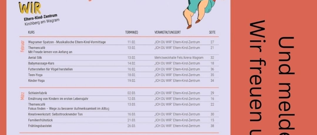 Ein Plakat bewirbt ein Frühlings- und Sommerprogramm für 2026. Aktivitäten umfassen Musik und Bewegung, Yoga, Aerial Silks und Babymassage. Das Plakat zeigt eine URL und ein Bild einer Person, die auf einem Seil schwingt.