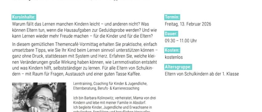 Thematic café-morning offers practical support for parents on how to help their children with learning. Learn about motivation, effects of various learning systems, and networking with other parents. Free event.