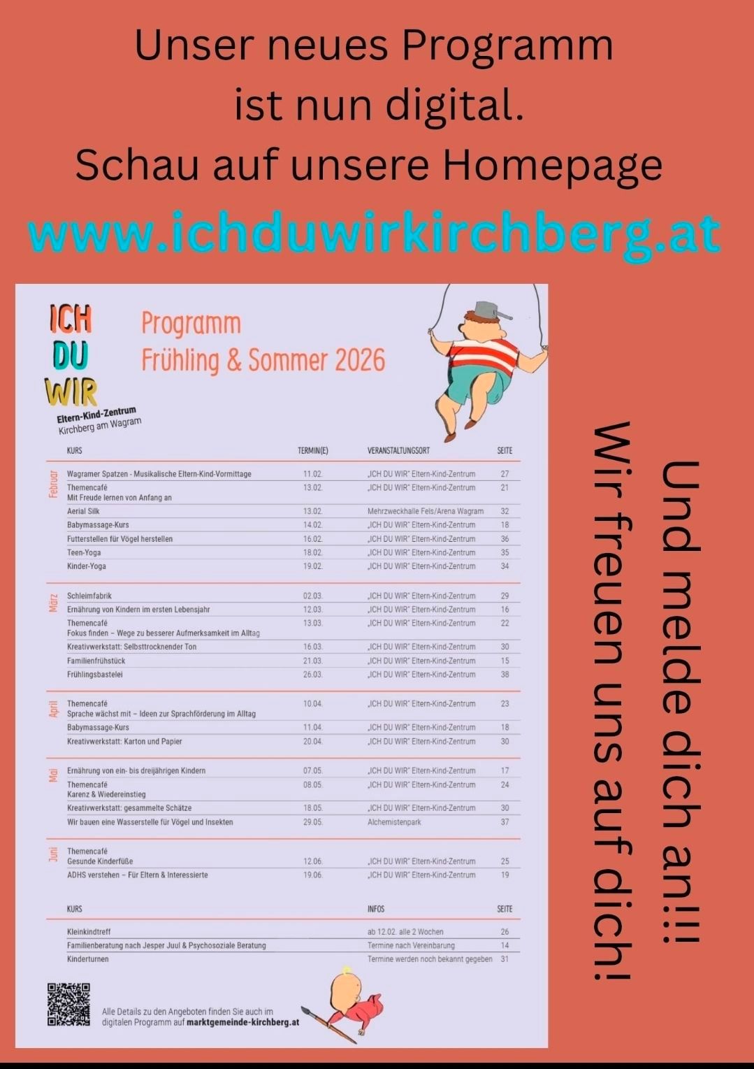 Ein Flyer mit orangem Hintergrund zeigt ein Programm für Frühling und Sommer 2026. Verschiedene Aktivitäten sind mit Zeiten und entsprechenden Seiten aufgeführt. Eine Illustration eines schwingenden Kindes ist ebenfalls enthalten.