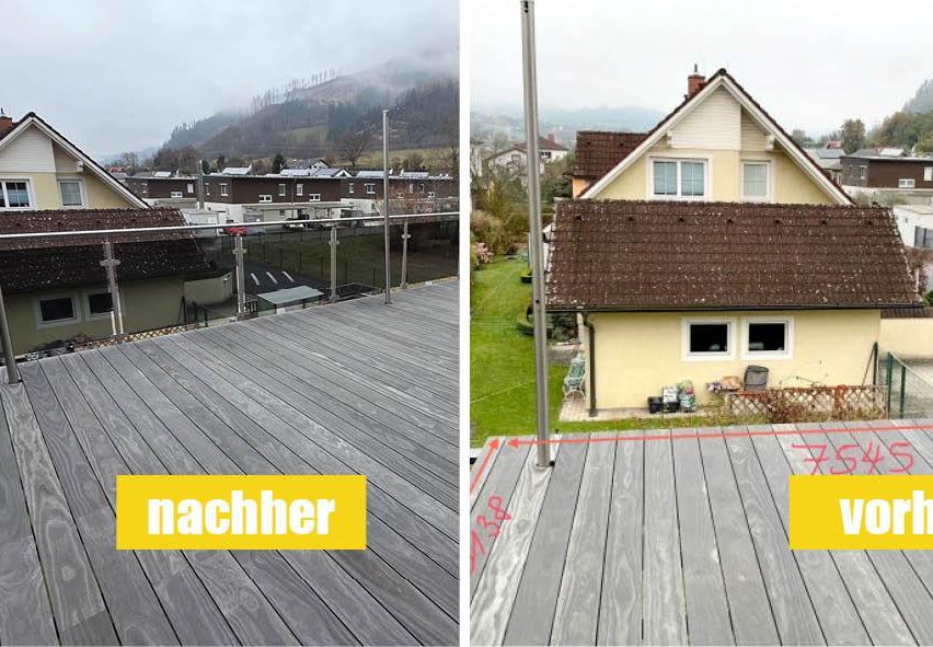 Zwei Bilder einer Hausterrasse, vorher und nachher. Das Vorher-Bild zeigt eine Terrasse mit einem Metallgeländer und einem nebligen Blick auf die Berge. Das Nachher-Bild zeigt eine Terrasse mit neuem Holz und einer roten Linie auf dem Boden.