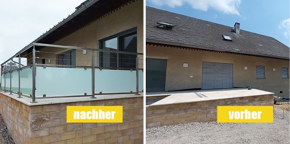 A house before and after renovation. Before, the house had an unfinished basement and a balcony. After, the basement is finished and the balcony has a glass railing.