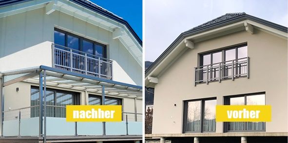 Two images of a house with different balconies. The first shows a house with a modern glass-enclosed balcony, while the second displays a house with a traditional wooden balcony.