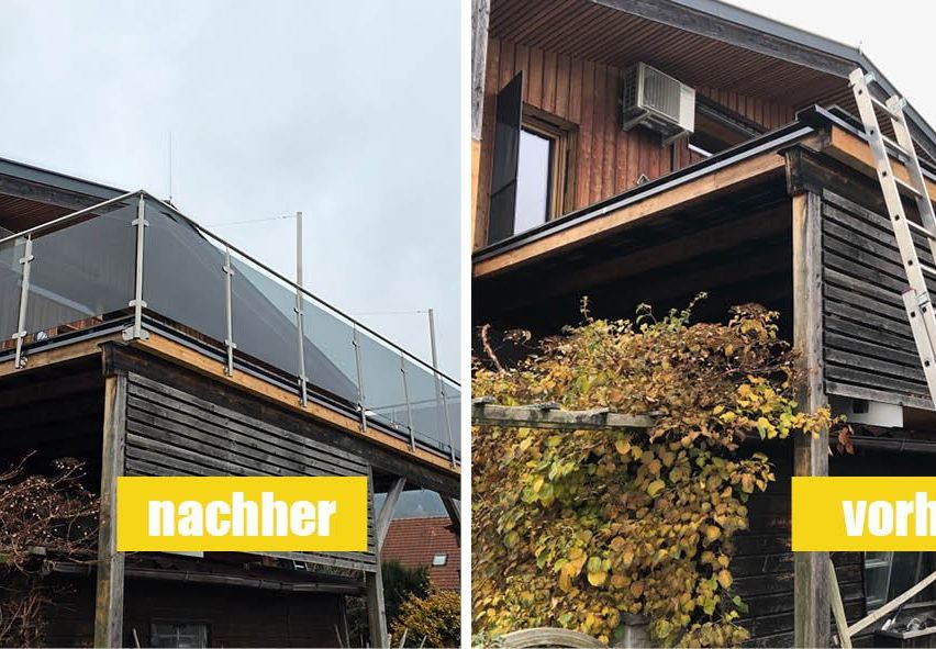 Two images of a wooden house with a yellow sign reading 'nachher' on the left and 'vor' on the right. The house has a glass balcony and a metal railing.