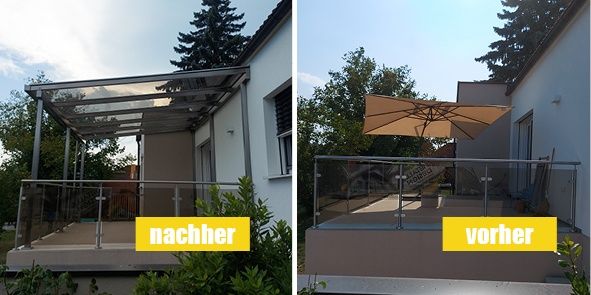 Two images side by side showing a house balcony. Left image labeled 'nachher' with a glass canopy. Right image labeled 'vorher' with an open umbrella.